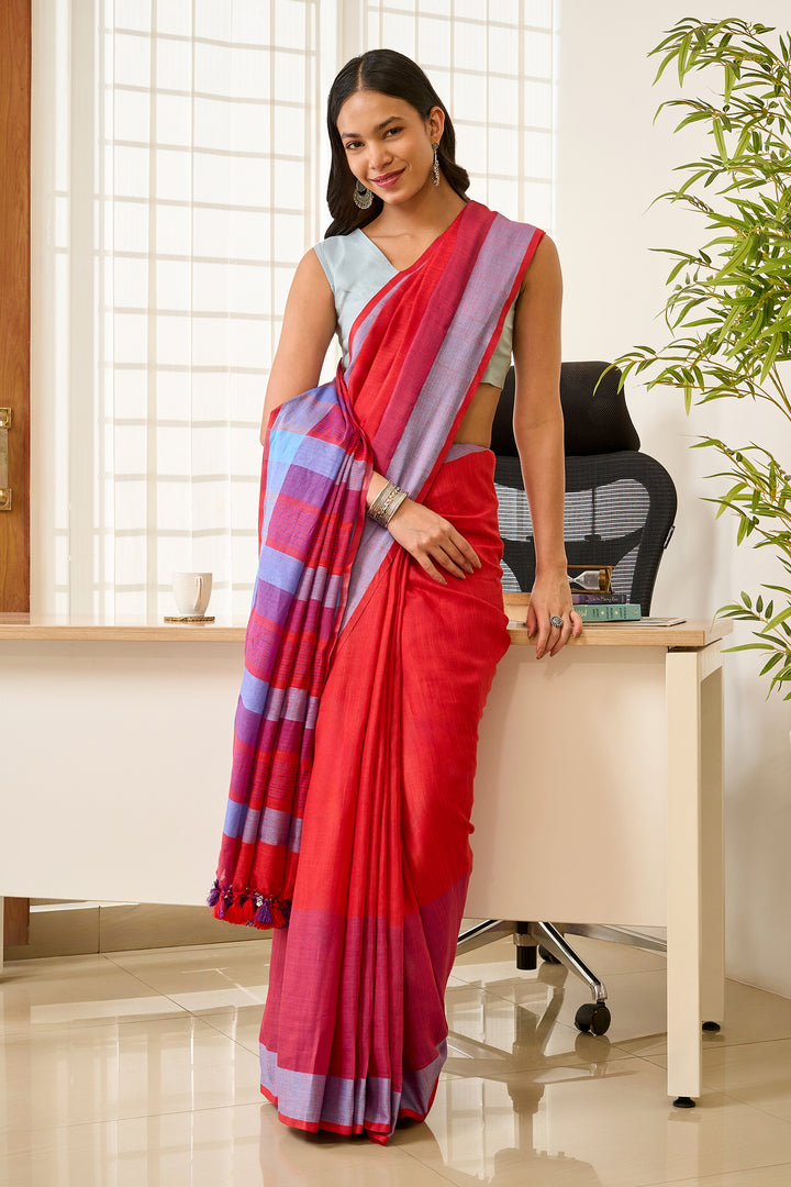 Teejh Sarang Red and Blue Color Block Saree