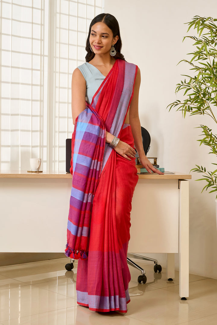 Teejh Sarang Red and Blue Color Block Saree