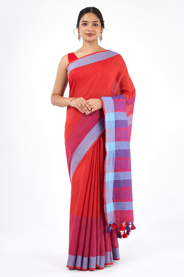 Teejh Sarang Red and Blue Color Block Saree