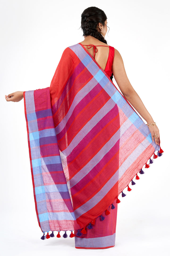 Teejh Sarang Red and Blue Color Block Saree