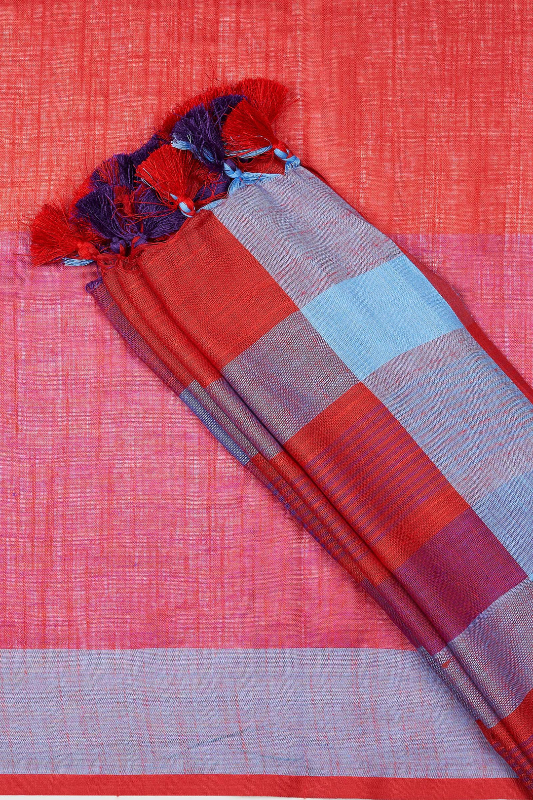 Teejh Sarang Red and Blue Color Block Saree