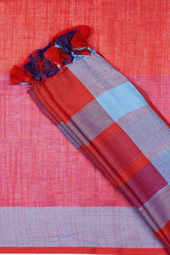 Teejh Sarang Red and Blue Color Block Saree