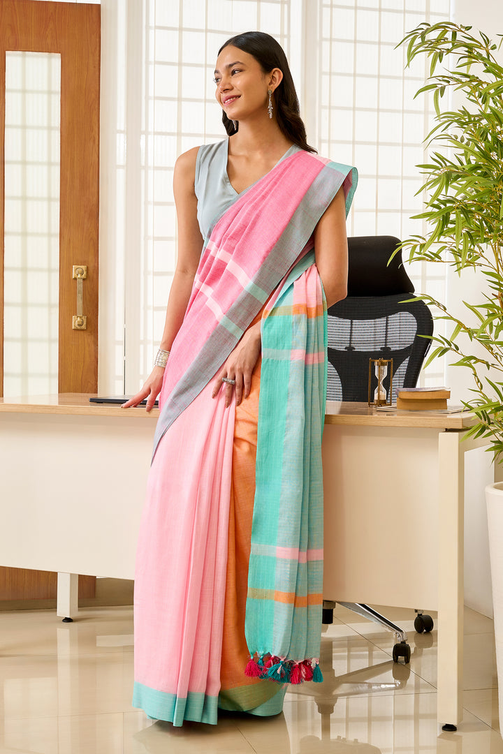 Teejh Calm Light Green and pink Color Block Saree