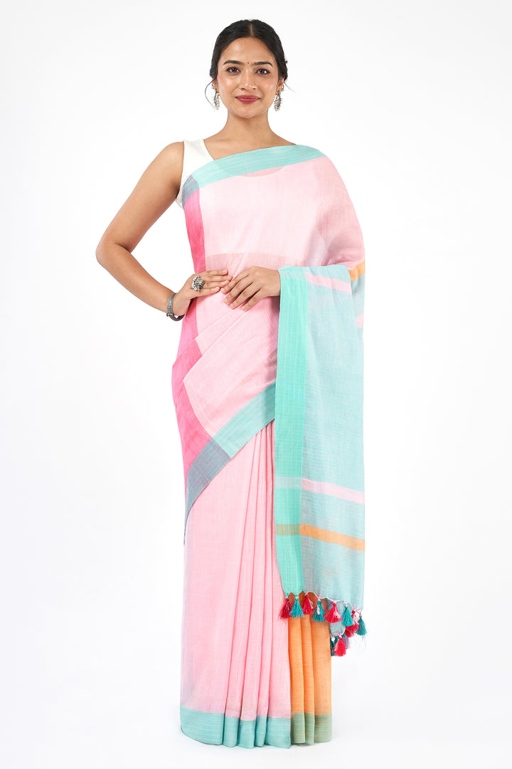 Teejh Calm Light Green and pink Color Block Saree