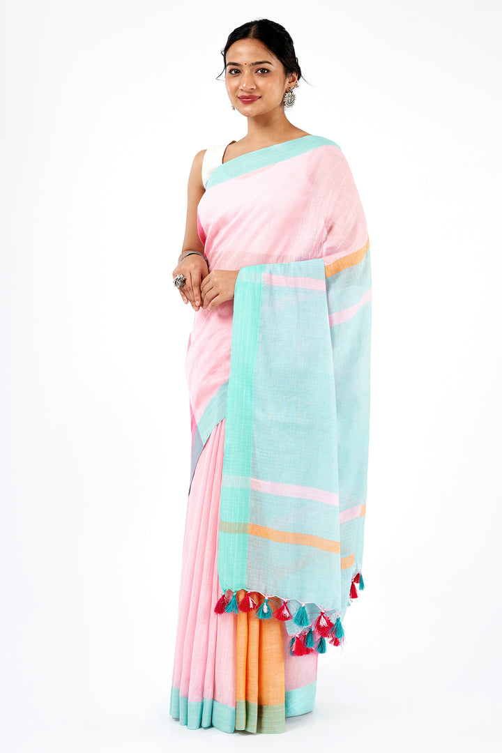 Teejh Calm Light Green and pink Color Block Saree