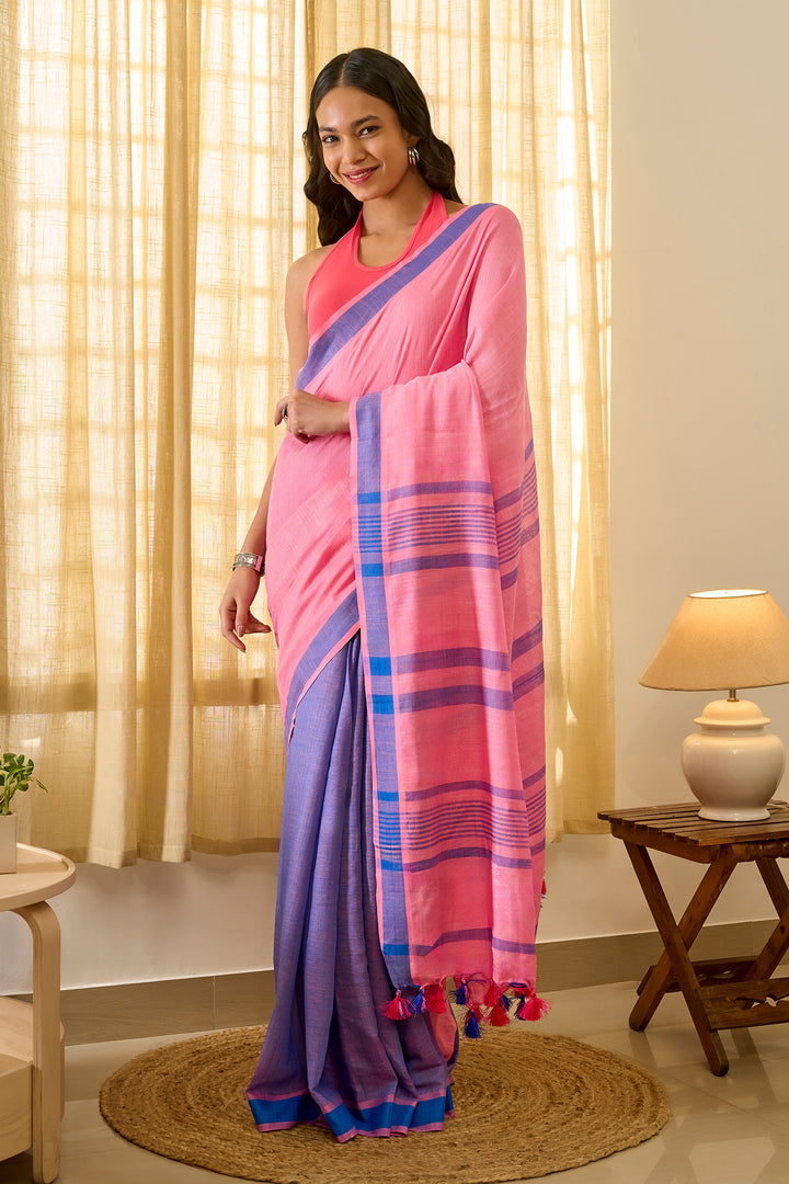 Teejh Bare Essence Blue and Pink Color Block Saree