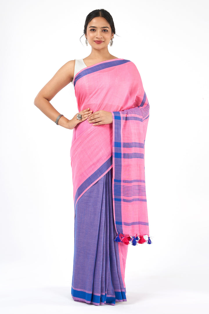 Teejh Bare Essence Blue and Pink Color Block Saree