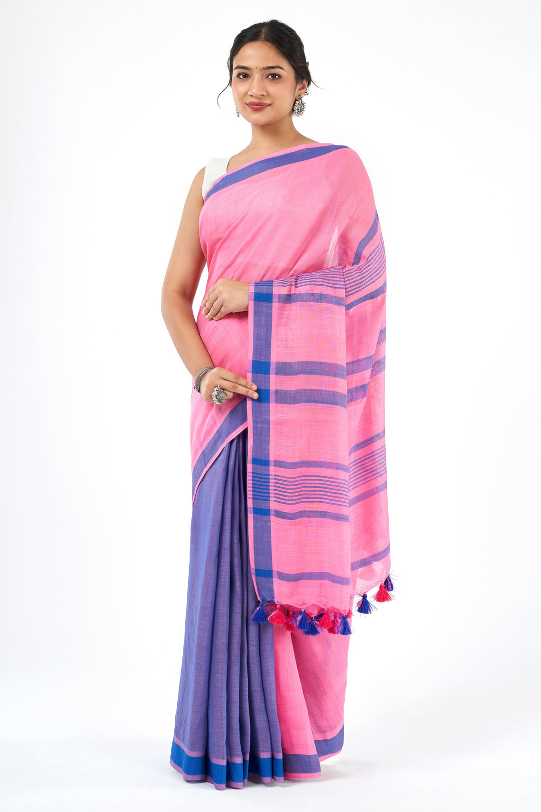 Teejh Bare Essence Blue and Pink Color Block Saree