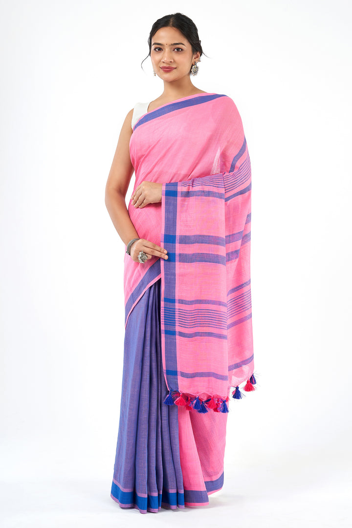 Teejh Bare Essence Blue and Pink Color Block Saree