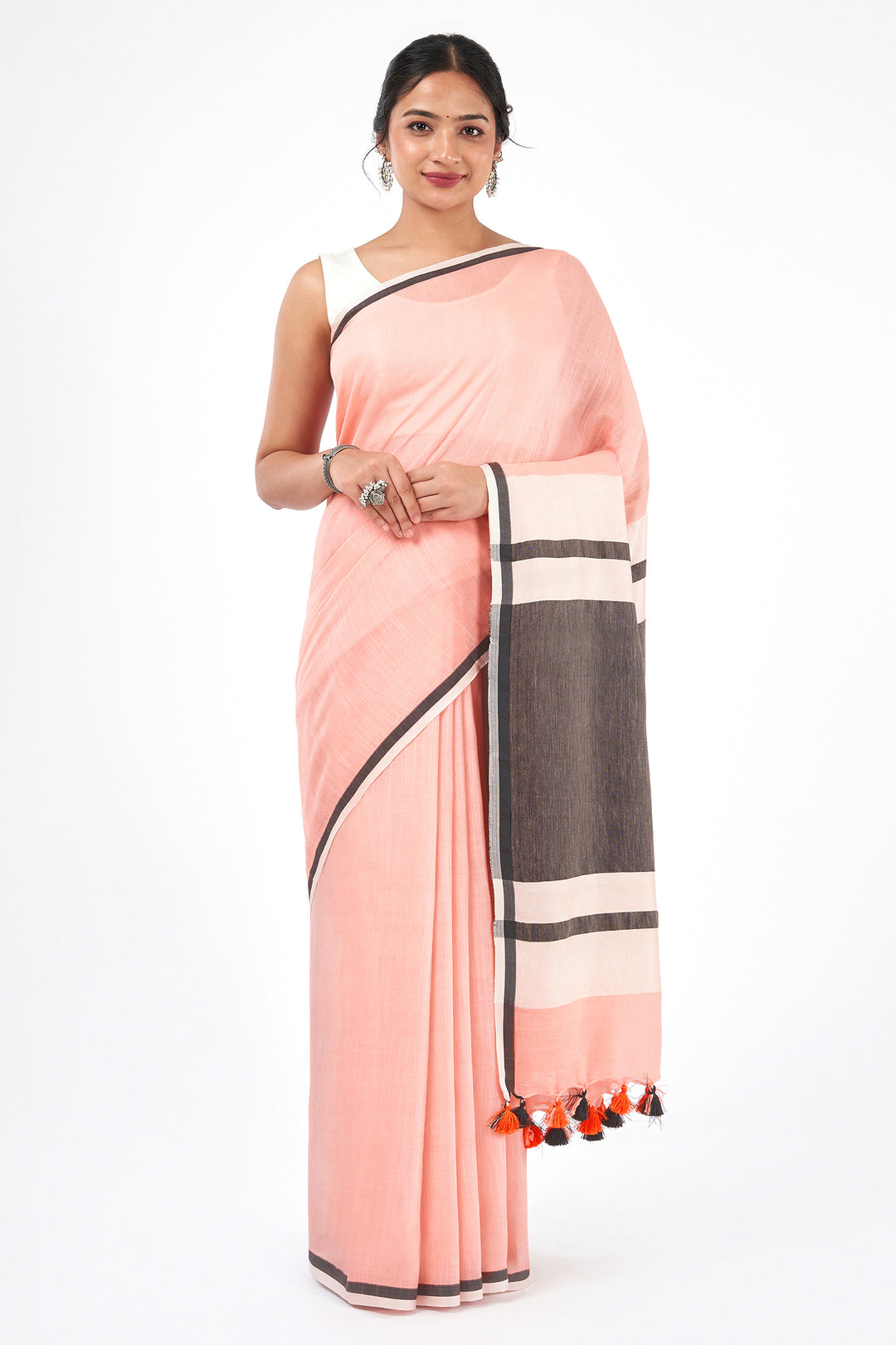 Teejh Peachin Cream and Black Color Block Saree
