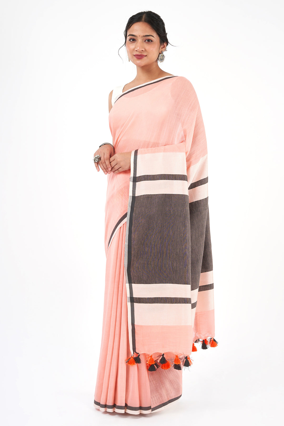 Teejh Peachin Cream and Black Color Block Saree
