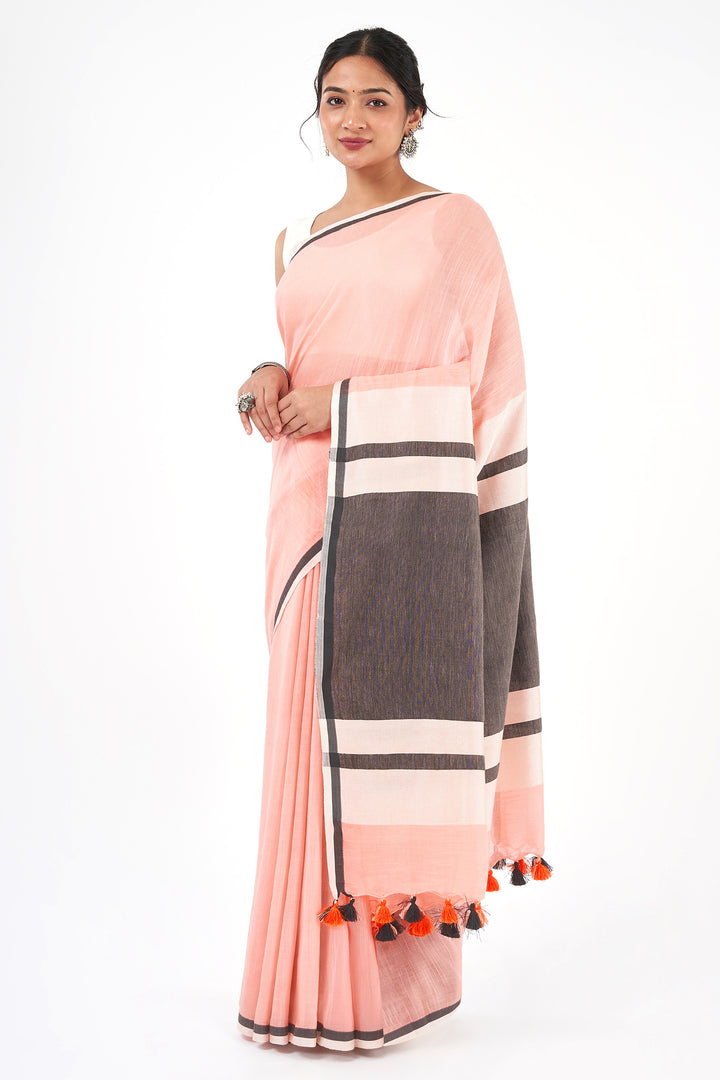 Teejh Peachin Cream and Black Color Block Saree