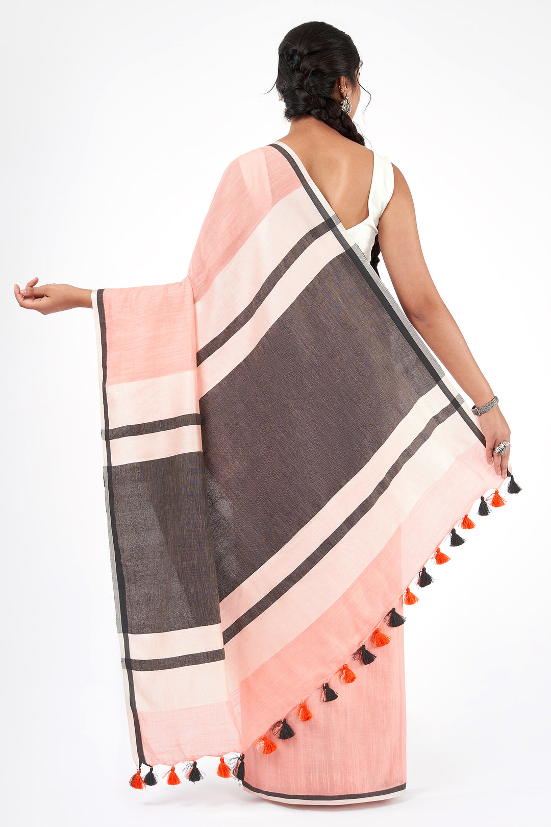 Teejh Peachin Cream and Black Color Block Saree