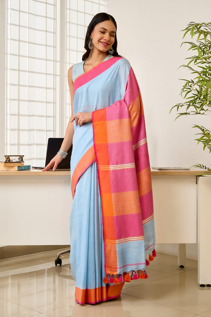 Teejh Atrangi Pink and light blur Color Block Saree