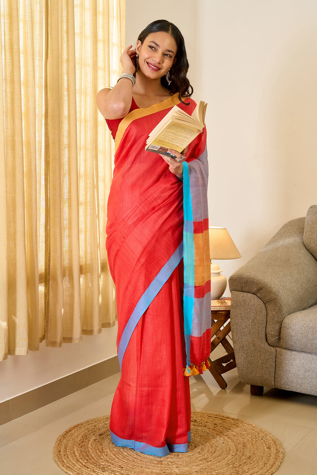 Teejh Gulal Red and Blue Color Block Saree