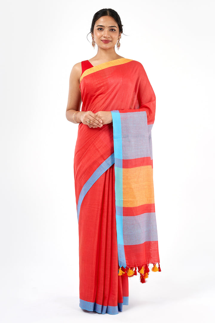 Teejh Gulal Red and Blue Color Block Saree