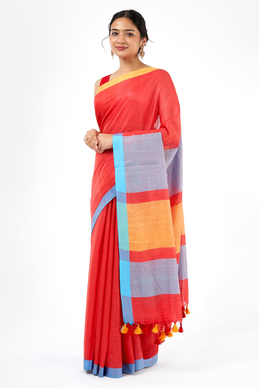 Teejh Gulal Red and Blue Color Block Saree