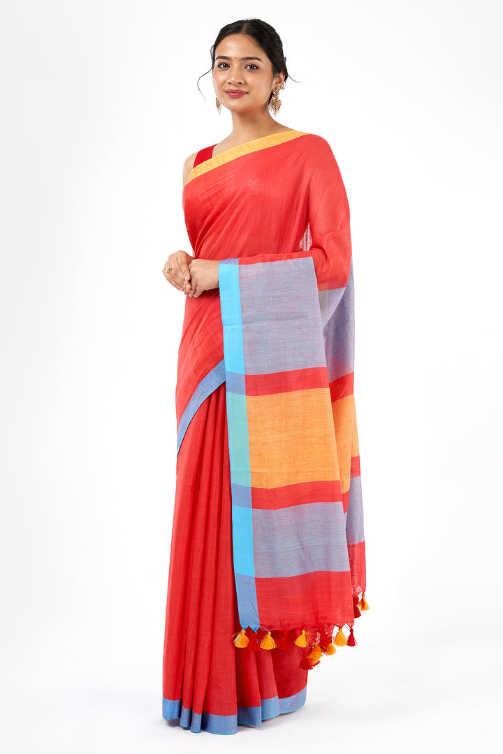 Teejh Gulal Red and Blue Color Block Saree