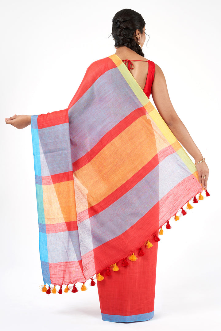 Teejh Gulal Red and Blue Color Block Saree