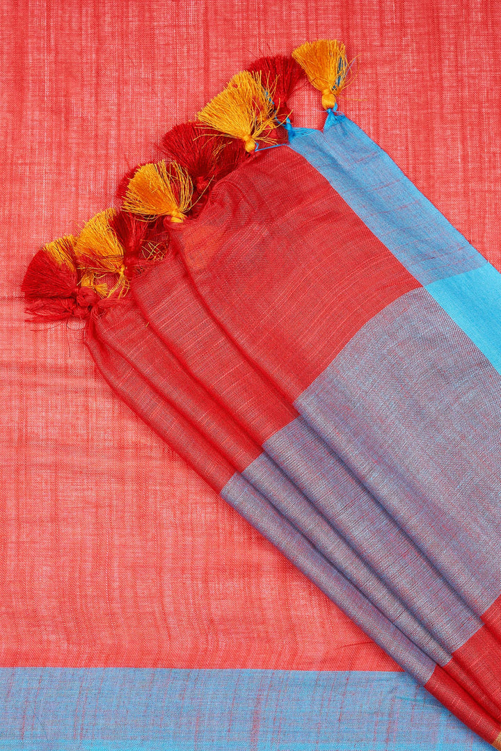 Teejh Gulal Red and Blue Color Block Saree