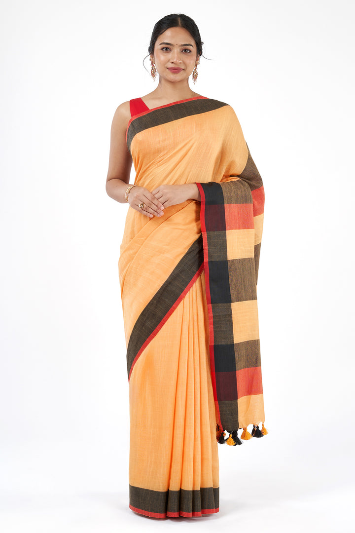Teejh Soothing Peach, red and black Color Block Saree