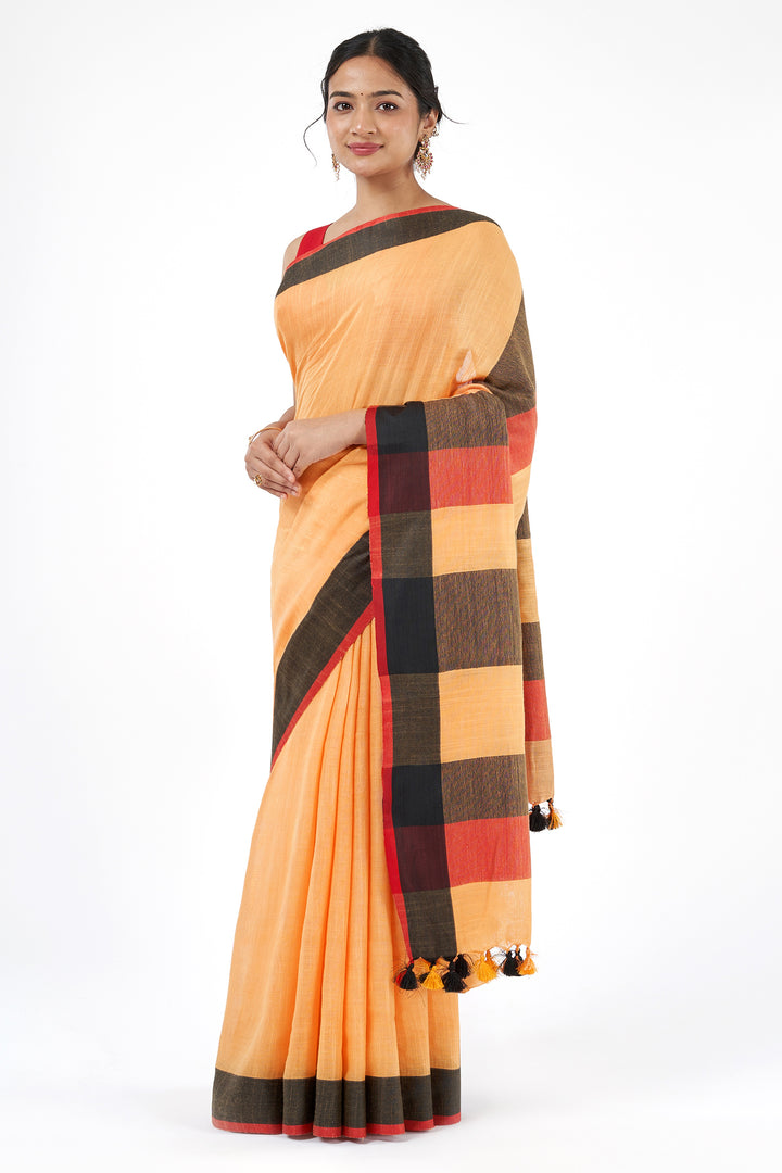 Teejh Soothing Peach, red and black Color Block Saree