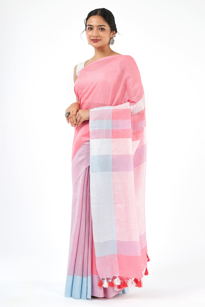 Teejh Komal Light Pink Color Block Saree