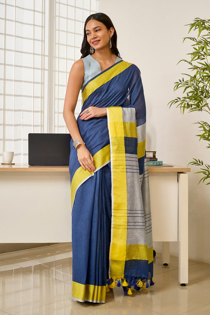 Teejh Eleganza Navy Blue and Lime Color Block Saree