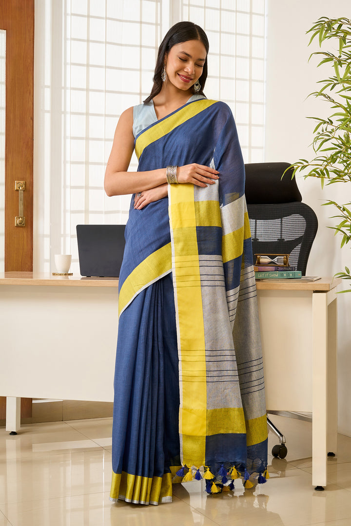 Teejh Eleganza Navy Blue and Lime Color Block Saree