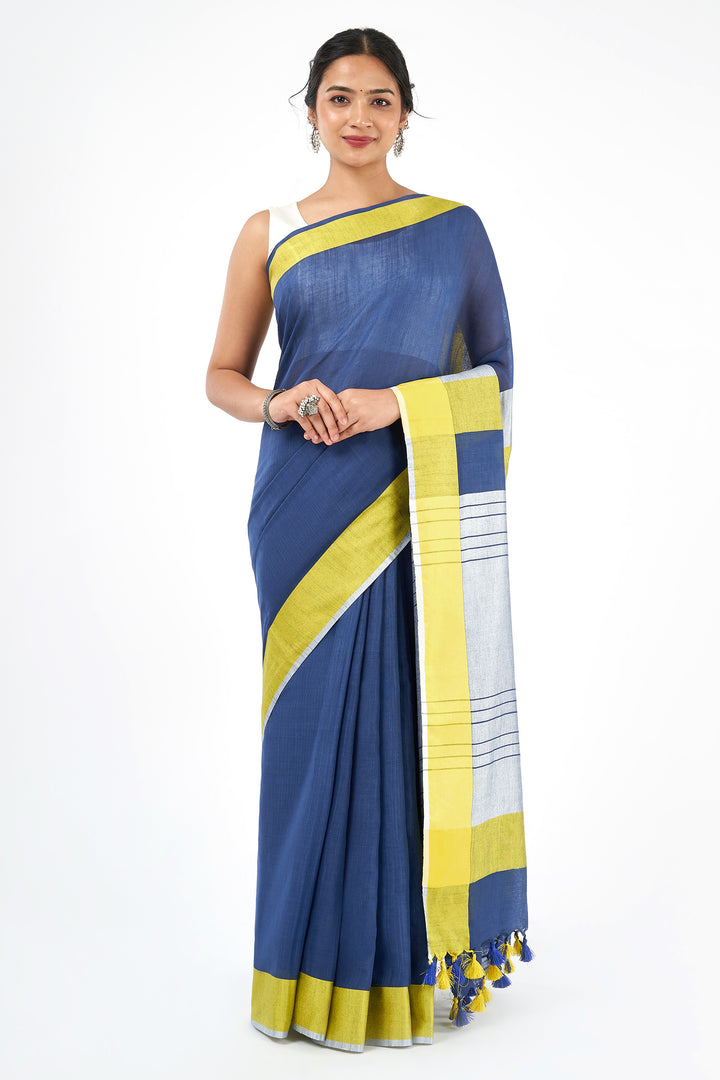 Teejh Eleganza Navy Blue and Lime Color Block Saree