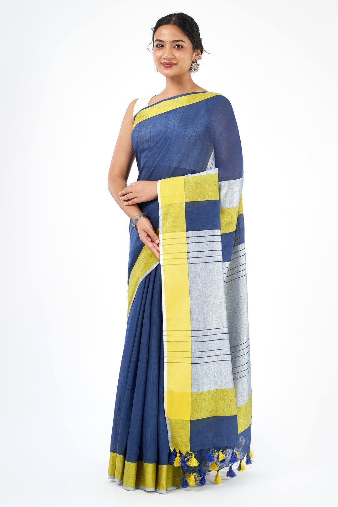 Teejh Eleganza Navy Blue and Lime Color Block Saree