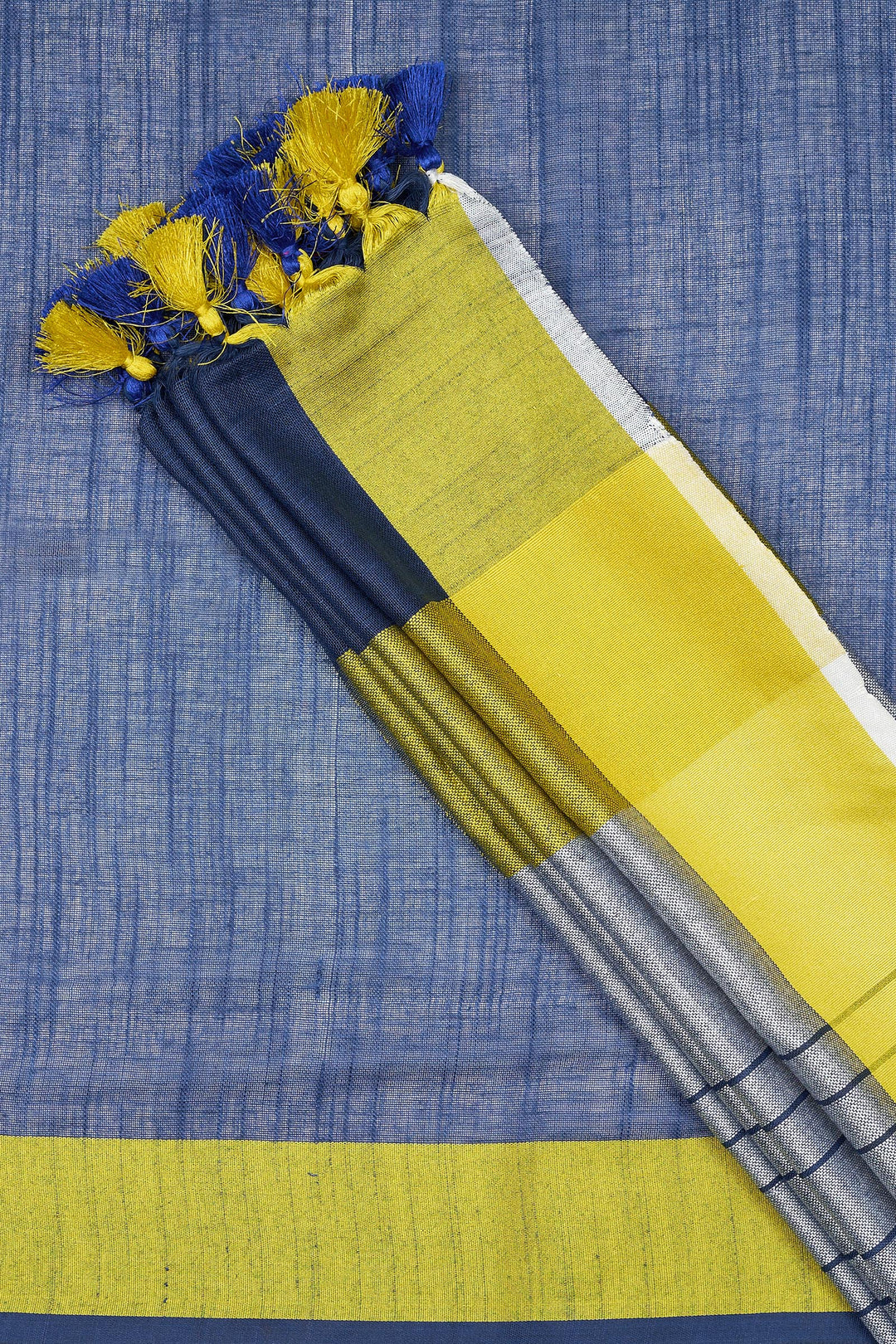 Teejh Eleganza Navy Blue and Lime Color Block Saree