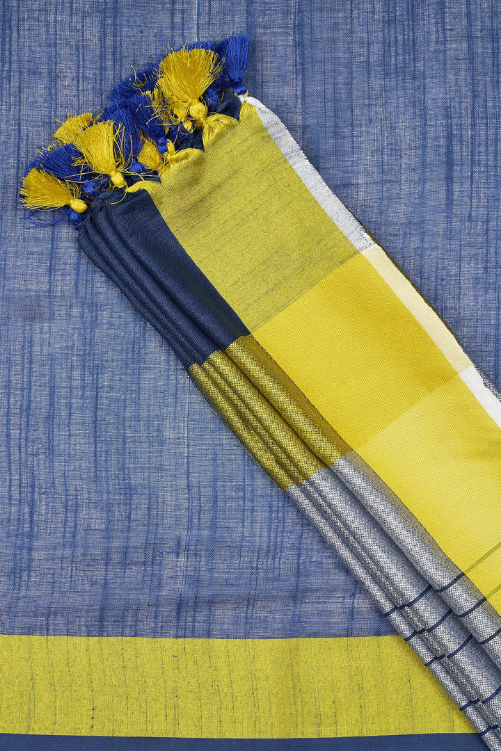 Teejh Eleganza Navy Blue and Lime Color Block Saree