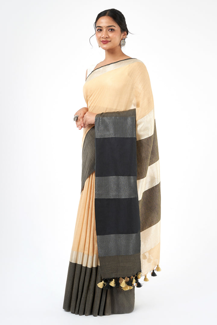 Teejh Chhaya Beige and Black Color Block Saree
