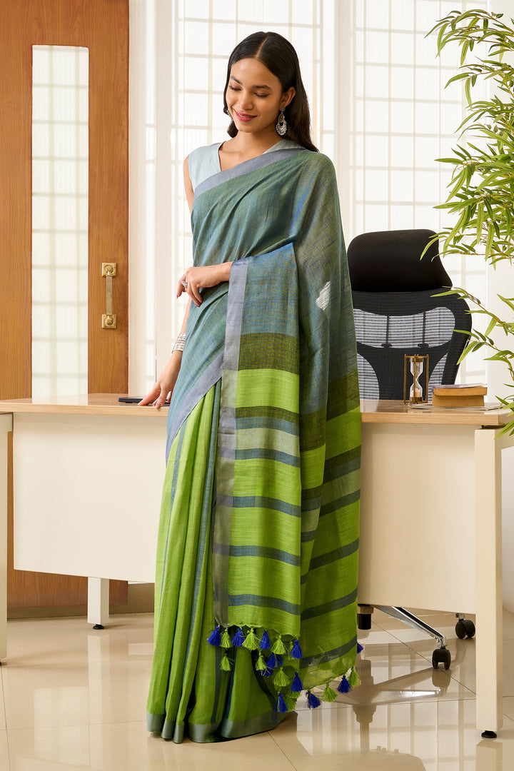 Teejh Maun Green Color Block Saree