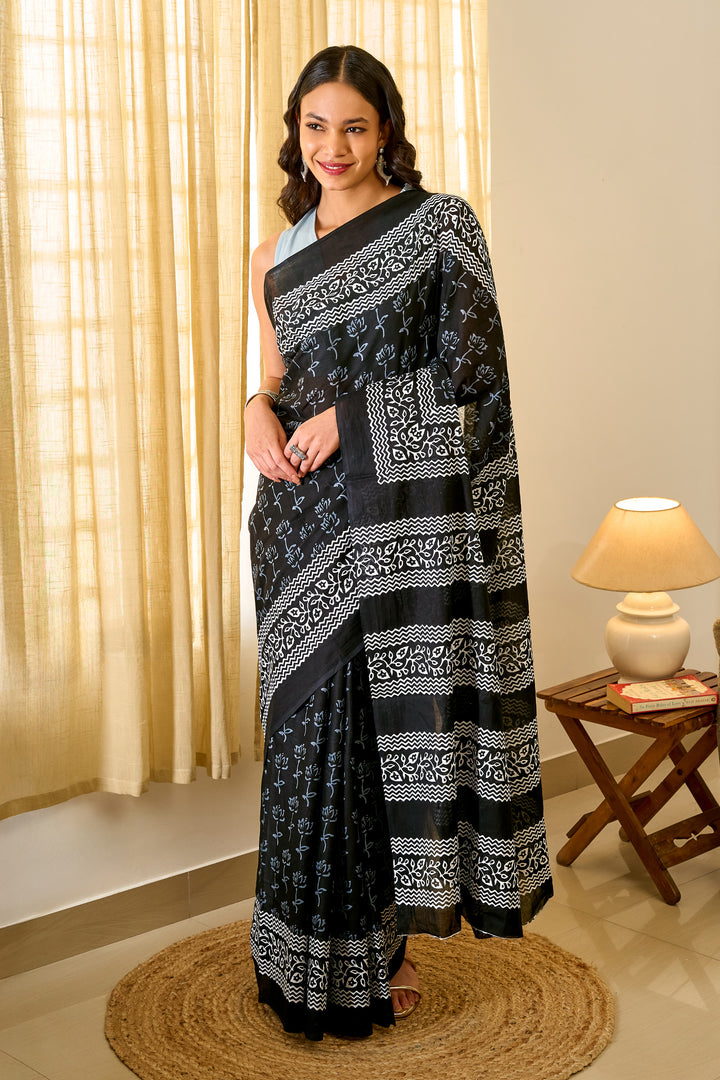 Teejh Shubali Black Hand Blockprint Saree