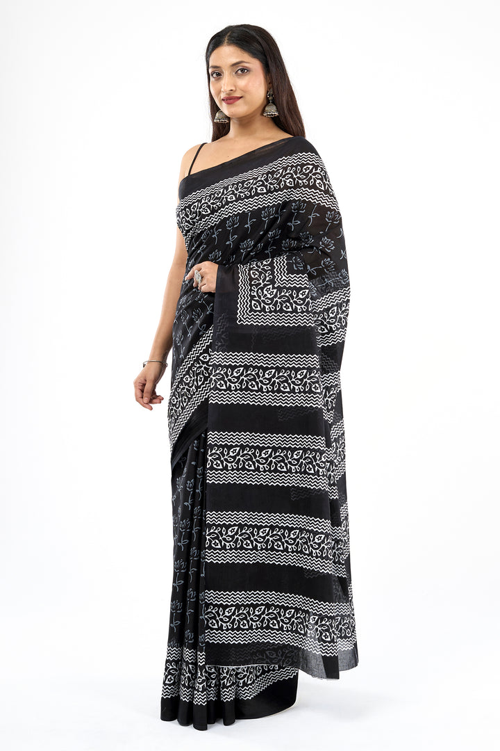 Teejh Shubali Black Hand Blockprint Saree
