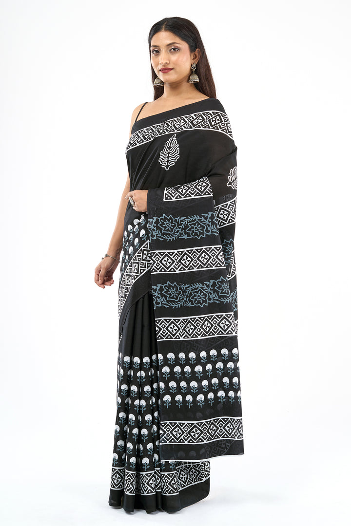 Teejh Sarasmi Black Hand Blockprint Saree