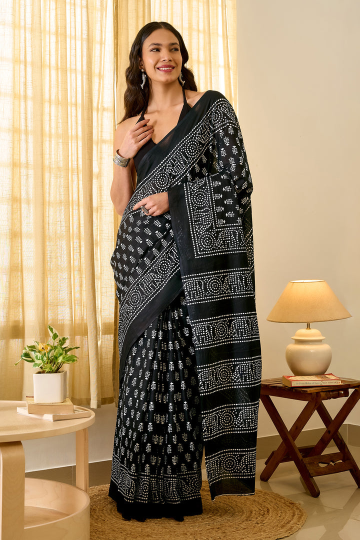 Teejh Sindhura Black Hand Blockprint Saree