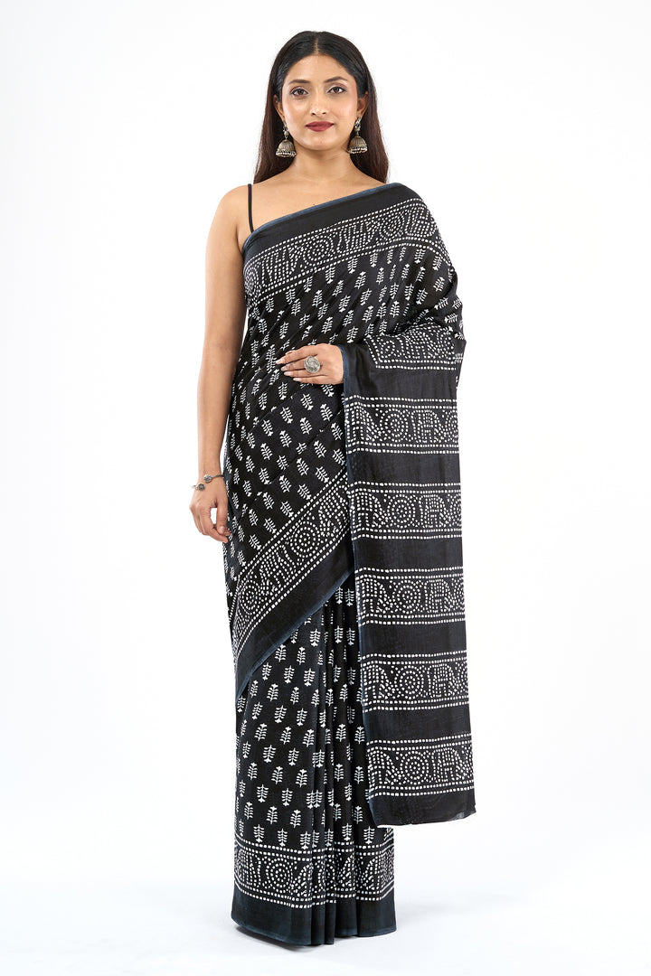 Teejh Sindhura Black Hand Blockprint Saree
