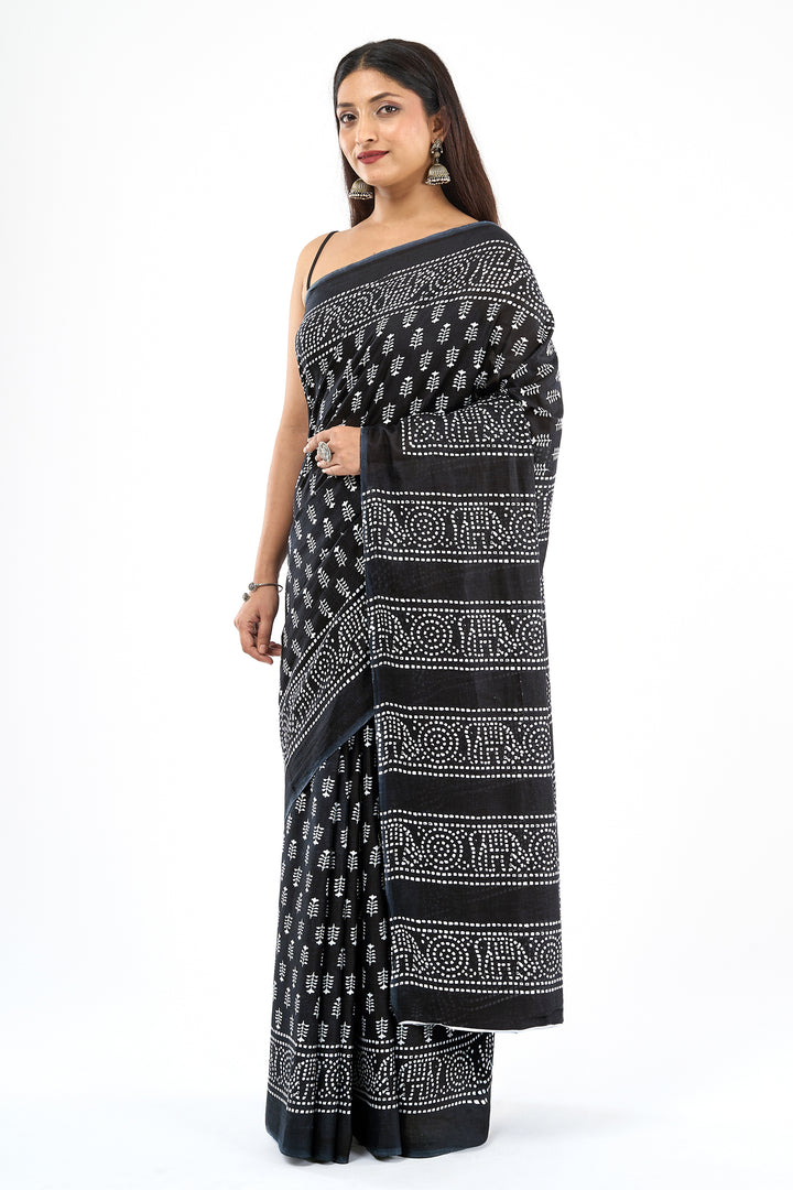 Teejh Sindhura Black Hand Blockprint Saree