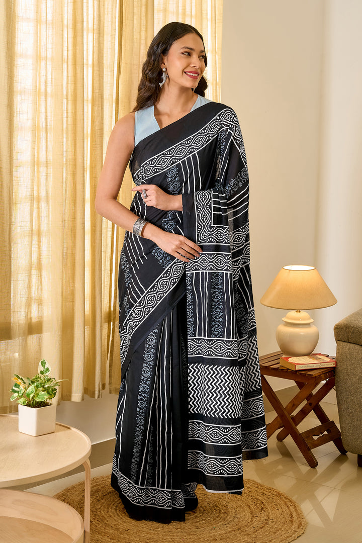 Teejh Kumdini Black Hand Blockprint Saree