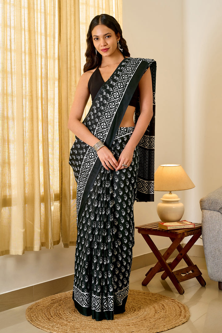 Teejh Ravisha Black Hand Blockprint Saree