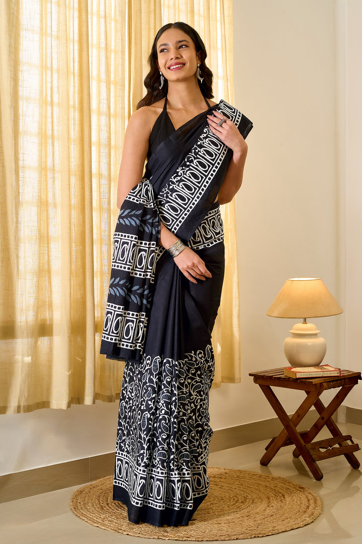 Teejh Taranika Black Hand Blockprint Saree