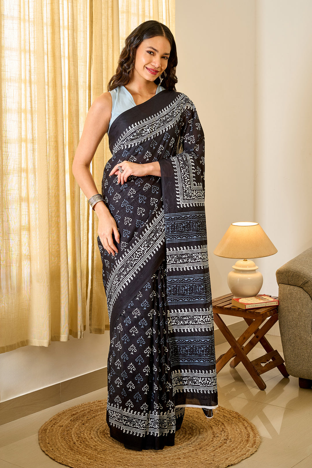 Teejh Mehulaa Black Hand Blockprint Saree