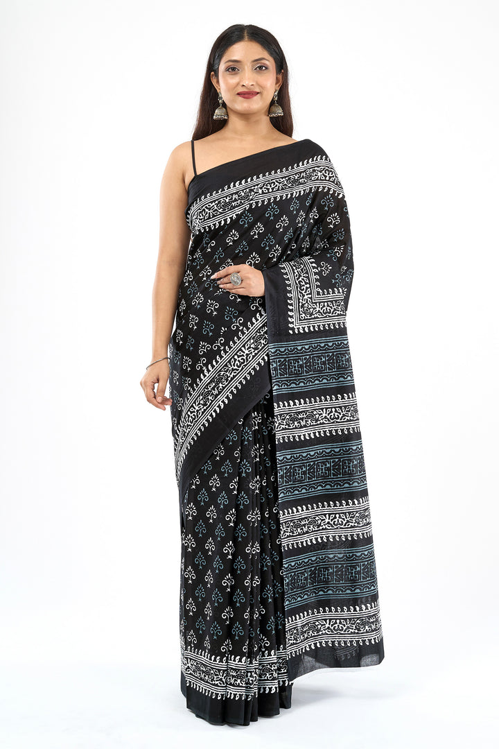 Teejh Mehulaa Black Hand Blockprint Saree
