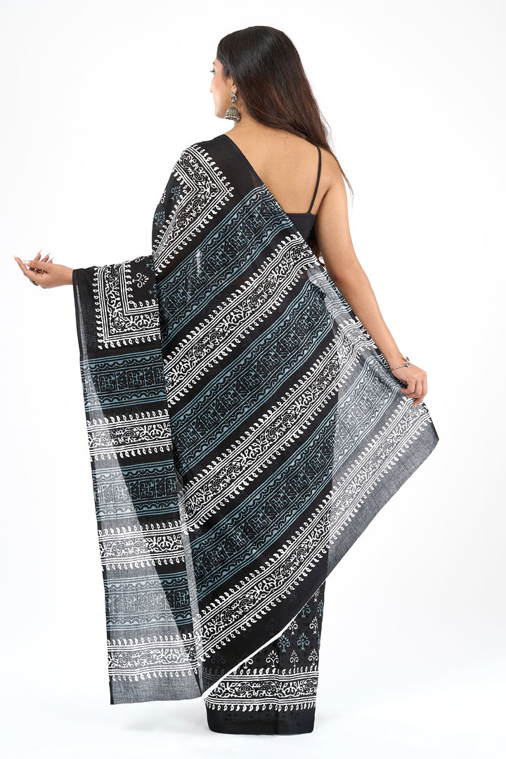 Teejh Mehulaa Black Hand Blockprint Saree