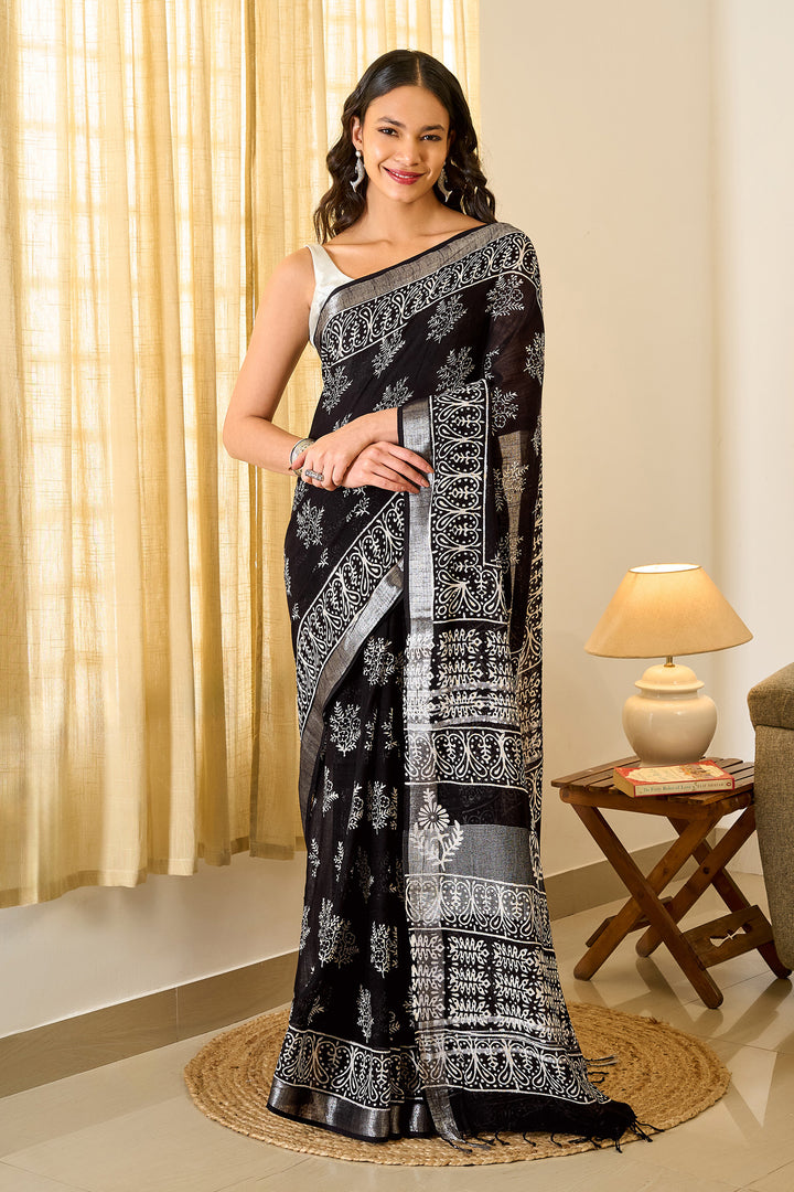 Teejh Dayani Black Hand Blockprint Saree