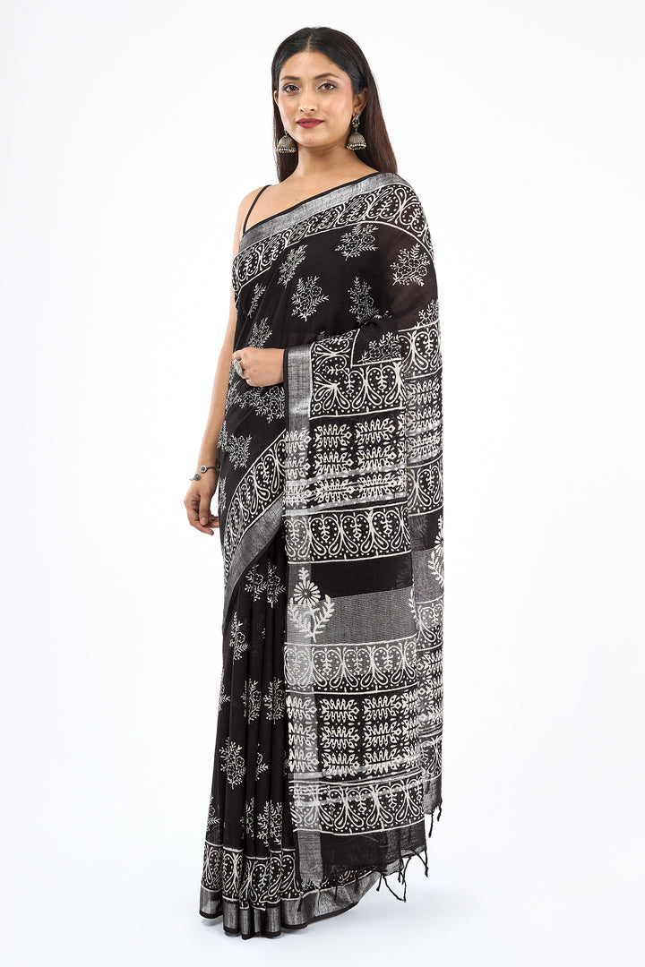 Teejh Dayani Black Hand Blockprint Saree