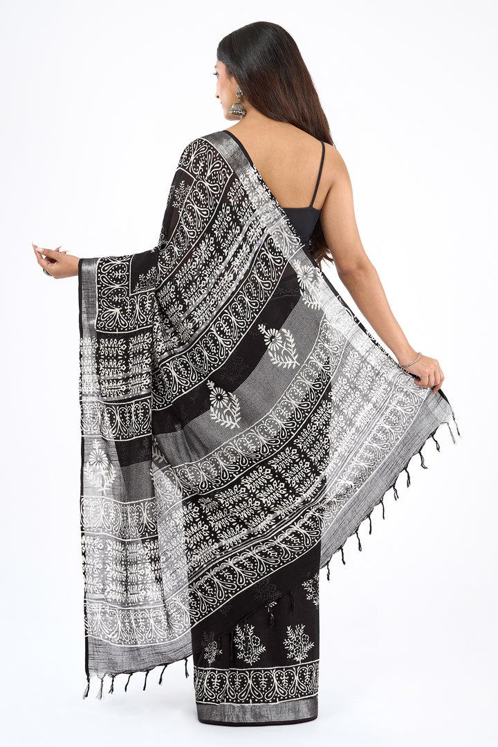 Teejh Dayani Black Hand Blockprint Saree
